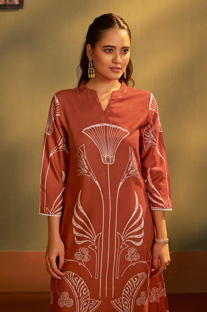 Rust Viscose Rayon Printed Straight Co-Ord Set