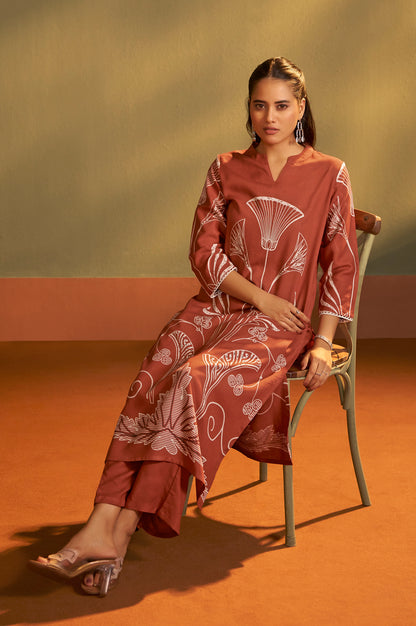 Rust Viscose Rayon Printed Straight Co-Ord Set