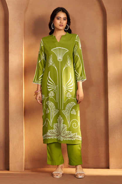 Green Viscose Rayon Printed Straight Co-Ord Set
