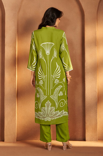 Green Viscose Rayon Printed Straight Co-Ord Set