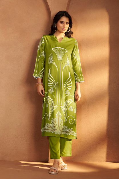 Green Viscose Rayon Printed Straight Co-Ord Set