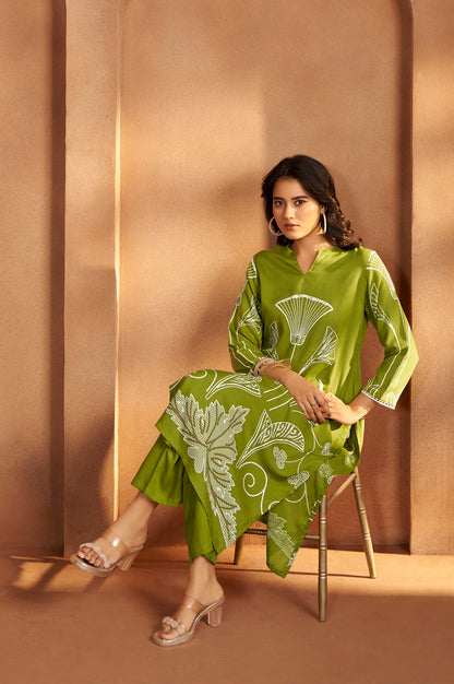 Green Viscose Rayon Printed Straight Co-Ord Set