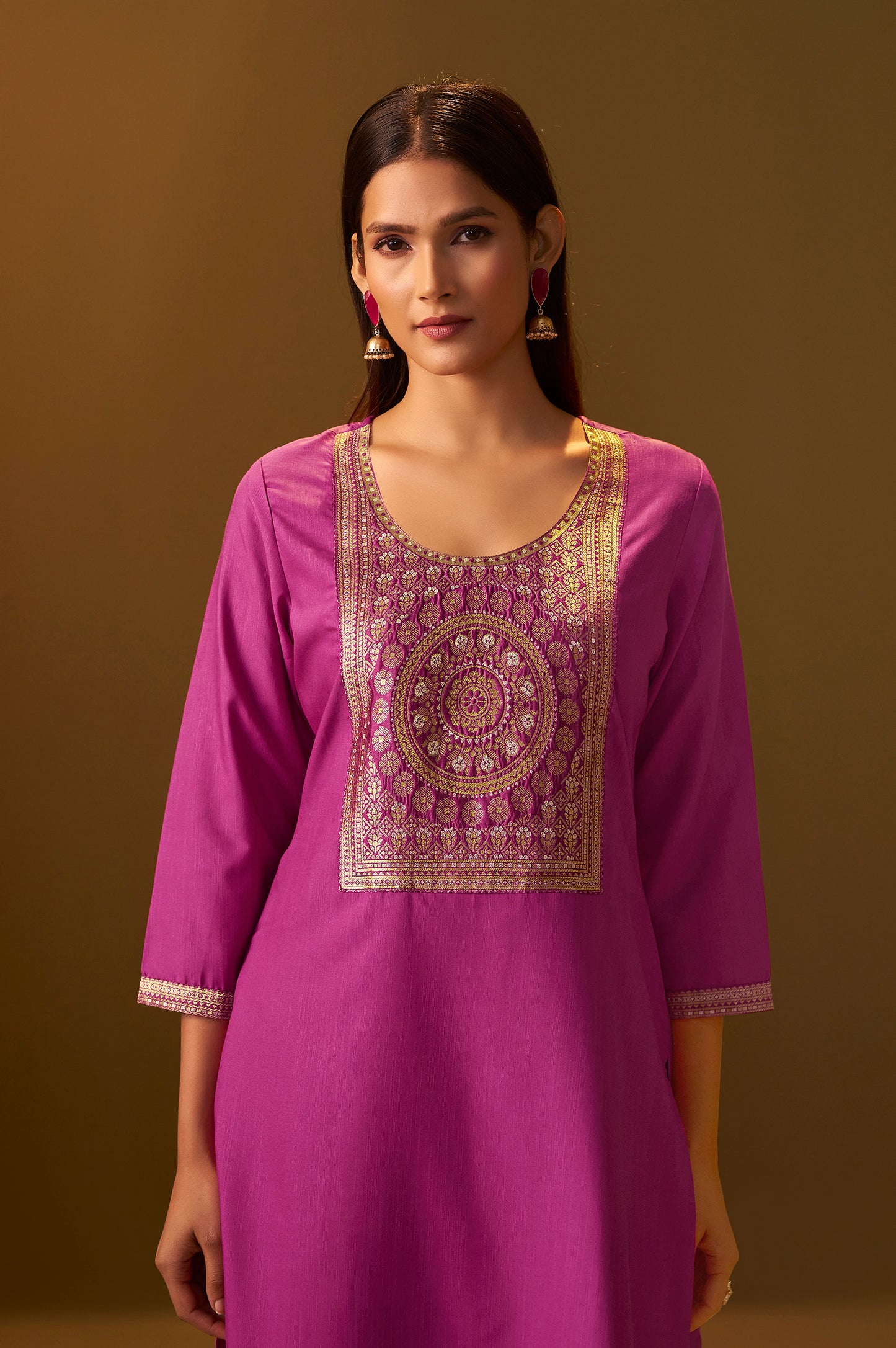 Women's Festive Pink Cotton Blend Jacquard Straight Kurta with Solid Pant and Silk Jacquard Dupatta Set
