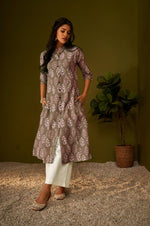 Women Brown Cotton Ethnic Motifs A-Line Kurta