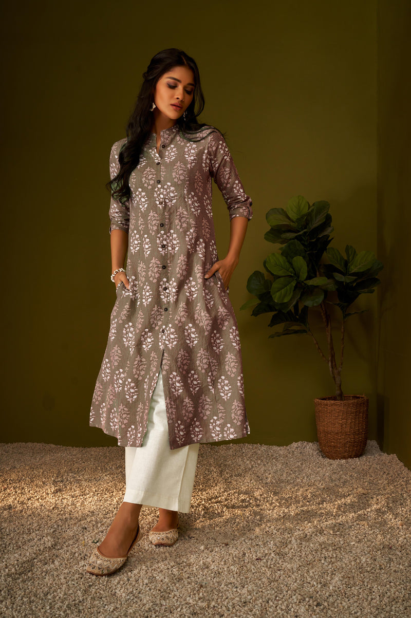 Women Brown Cotton Ethnic Motifs A-Line Kurta