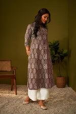 Women Brown Cotton Ethnic Motifs A-Line Kurta