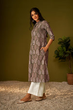 Women Brown Cotton Ethnic Motifs A-Line Kurta