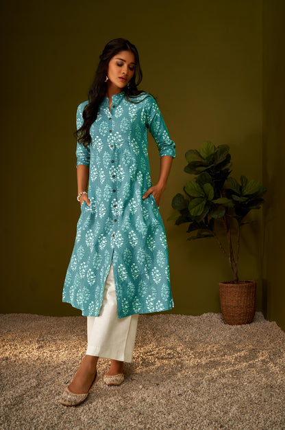 Women Sky Blue Cotton Ethnic Motifs A-Line Kurta