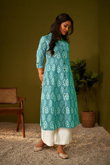 Women Sky Blue Cotton Ethnic Motifs A-Line Kurta