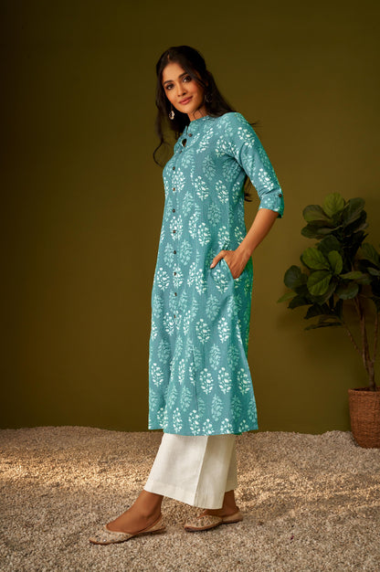 Women Sky Blue Cotton Ethnic Motifs A-Line Kurta