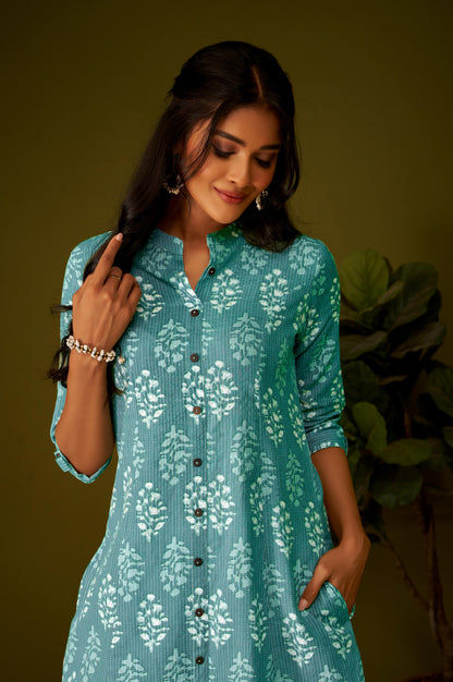Women Sky Blue Cotton Ethnic Motifs A-Line Kurta