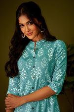 Women Sky Blue Cotton Ethnic Motifs A-Line Kurta