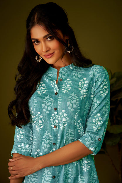 Women Sky Blue Cotton Ethnic Motifs A-Line Kurta