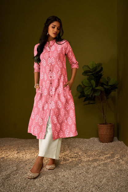 Women Pink Cotton Ethnic Motifs A-Line Kurta