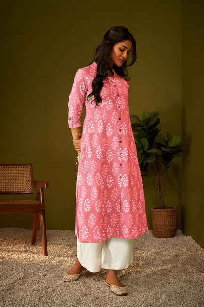 Women Pink Cotton Ethnic Motifs A-Line Kurta