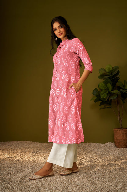 Women Pink Cotton Ethnic Motifs A-Line Kurta