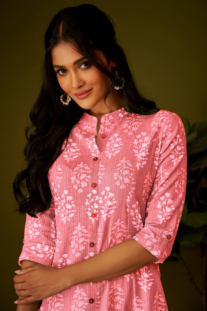 Women Pink Cotton Ethnic Motifs A-Line Kurta