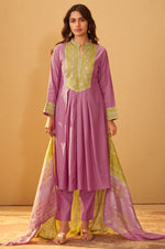 Light Pink Roman Silk Embroidered Flared Kurta Set Dupatta