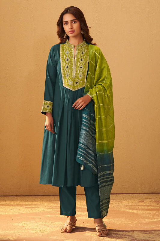 Dark Green Roman Silk Embroidered Flared Kurta Set Dupatta