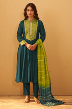 Dark Green Roman Silk Embroidered Flared Kurta Set Dupatta