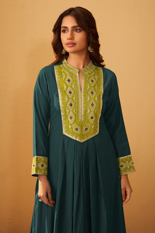 Dark Green Roman Silk Embroidered Flared Kurta Set Dupatta