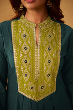 Dark Green Roman Silk Embroidered Flared Kurta Set Dupatta