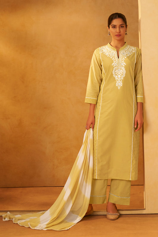 Yellow Pure Cotton Schiffli Embroidered Straight Kurta Set Dupatta