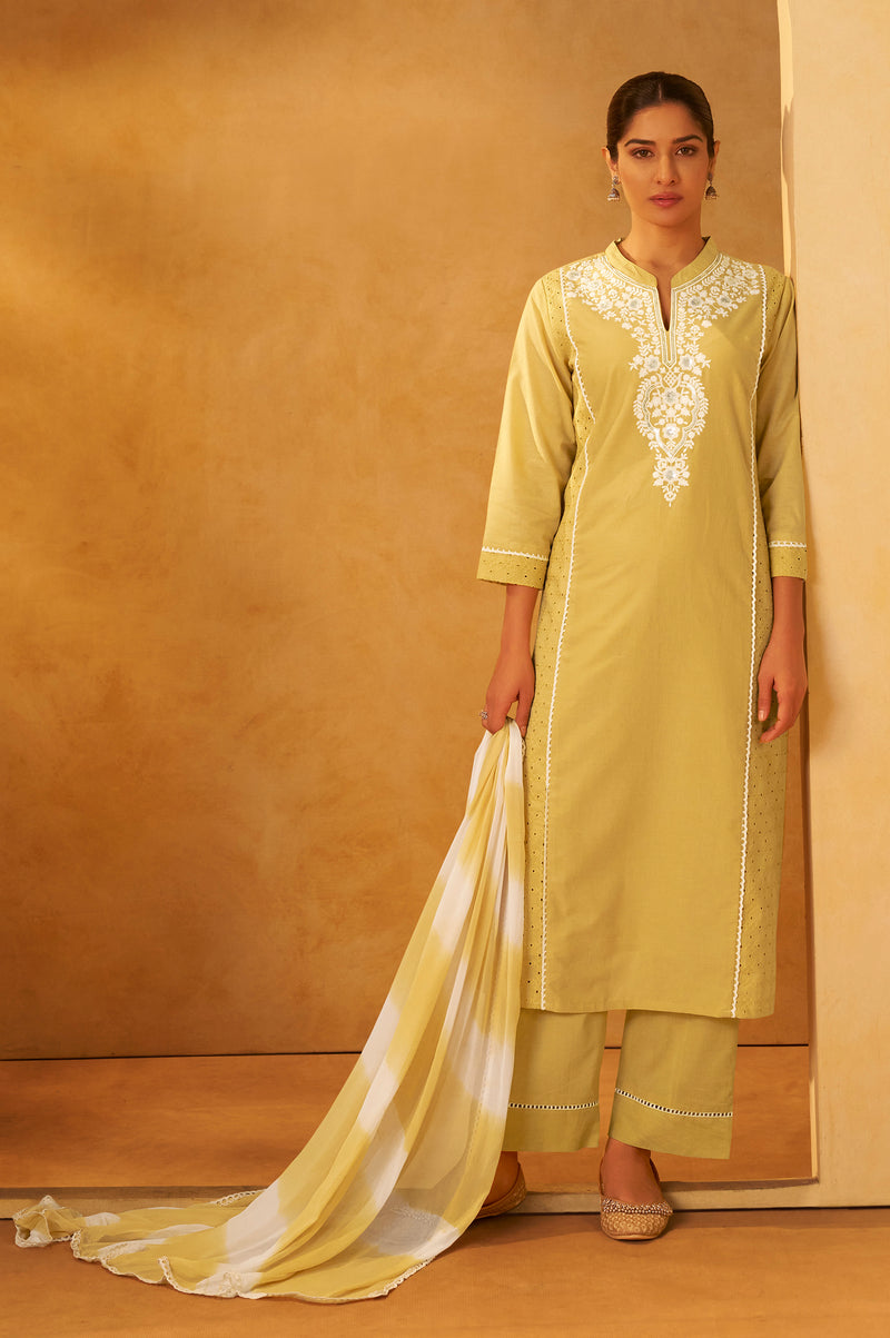 Yellow Pure Cotton Schiffli Embroidered Straight Kurta Set Dupatta