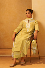 Yellow Pure Cotton Schiffli Embroidered Straight Kurta Set Dupatta