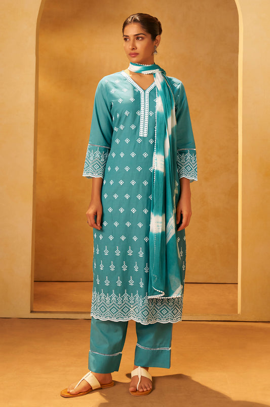 Turquoise Blue Pure Cotton Schiffli Embroidered Straight Kurta Set Dupatta