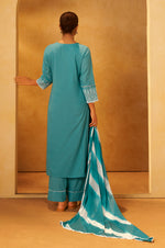 Turquoise Blue Pure Cotton Schiffli Embroidered Straight Kurta Set Dupatta