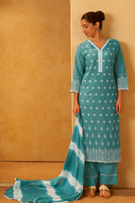 Turquoise Blue Pure Cotton Schiffli Embroidered Straight Kurta Set Dupatta