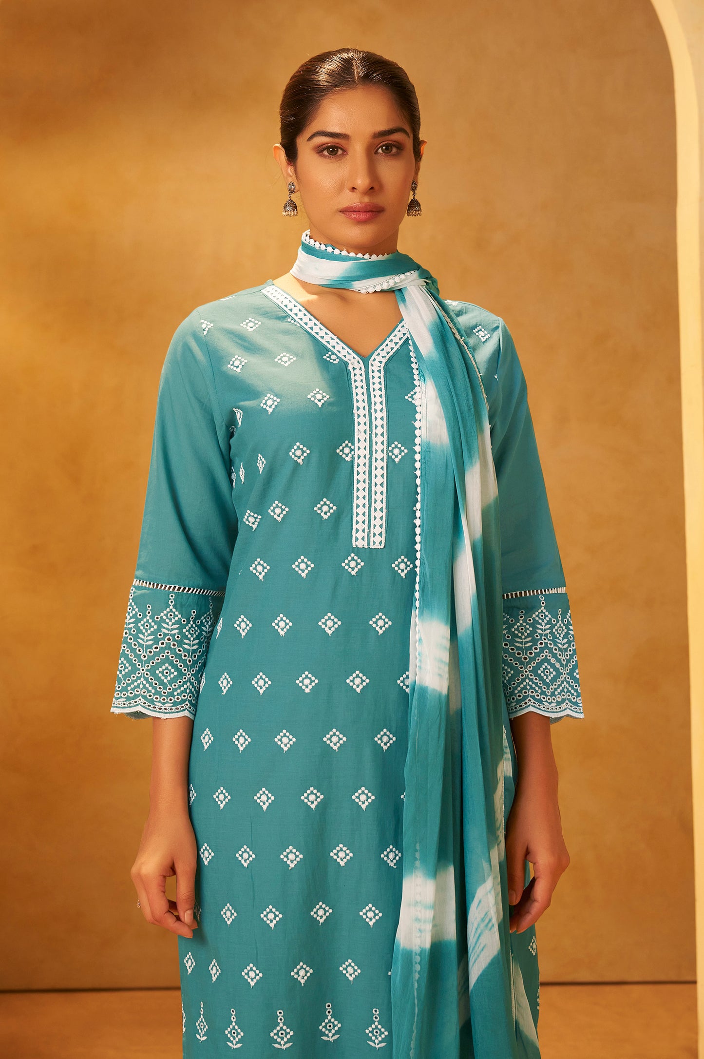 Turquoise Blue Pure Cotton Schiffli Embroidered Straight Kurta Set Dupatta