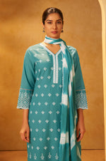 Turquoise Blue Pure Cotton Schiffli Embroidered Straight Kurta Set Dupatta