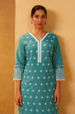 Turquoise Blue Pure Cotton Schiffli Embroidered Straight Kurta Set Dupatta