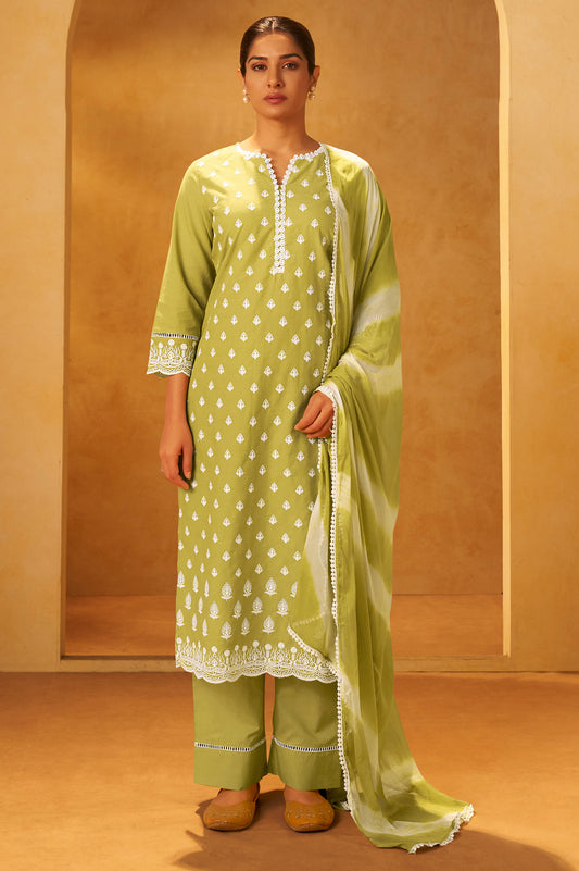 Light Green Pure Cotton Schiffli Embroidered Straight Kurta Set Dupatta
