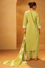 Light Green Pure Cotton Schiffli Embroidered Straight Kurta Set Dupatta