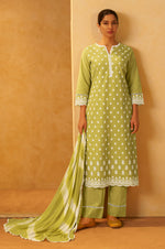 Light Green Pure Cotton Schiffli Embroidered Straight Kurta Set Dupatta