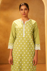 Light Green Pure Cotton Schiffli Embroidered Straight Kurta Set Dupatta