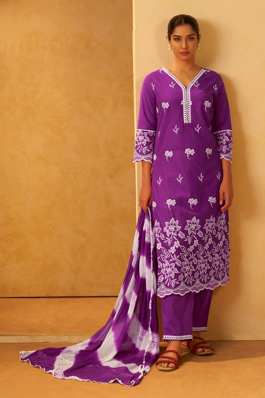 Purple Pure Cotton Schiffli Embroidered Straight Kurta Set Dupatta
