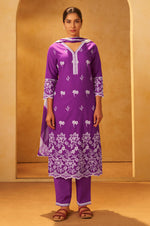 Purple Pure Cotton Schiffli Embroidered Straight Kurta Set Dupatta