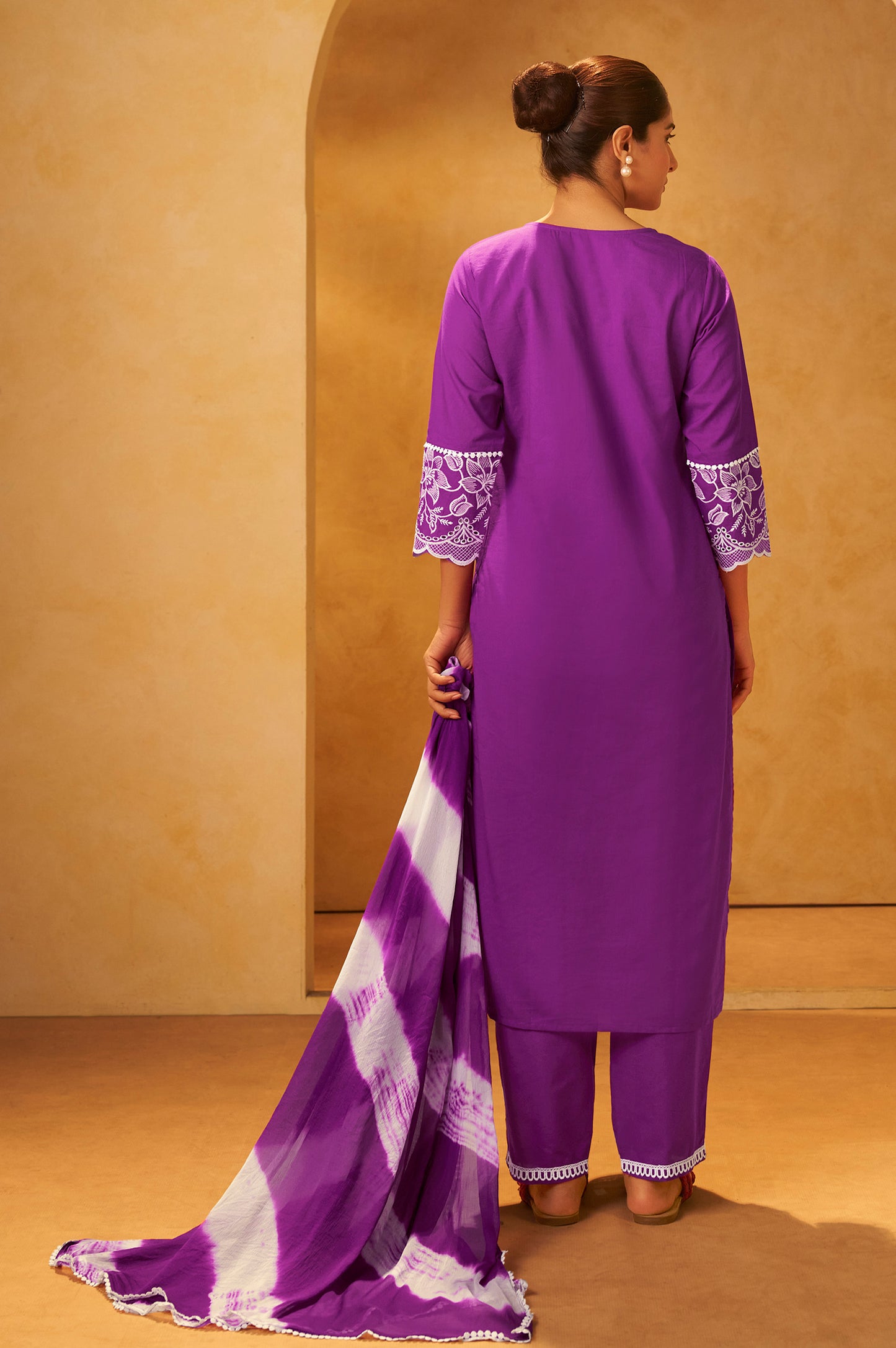 Purple Pure Cotton Schiffli Embroidered Straight Kurta Set Dupatta