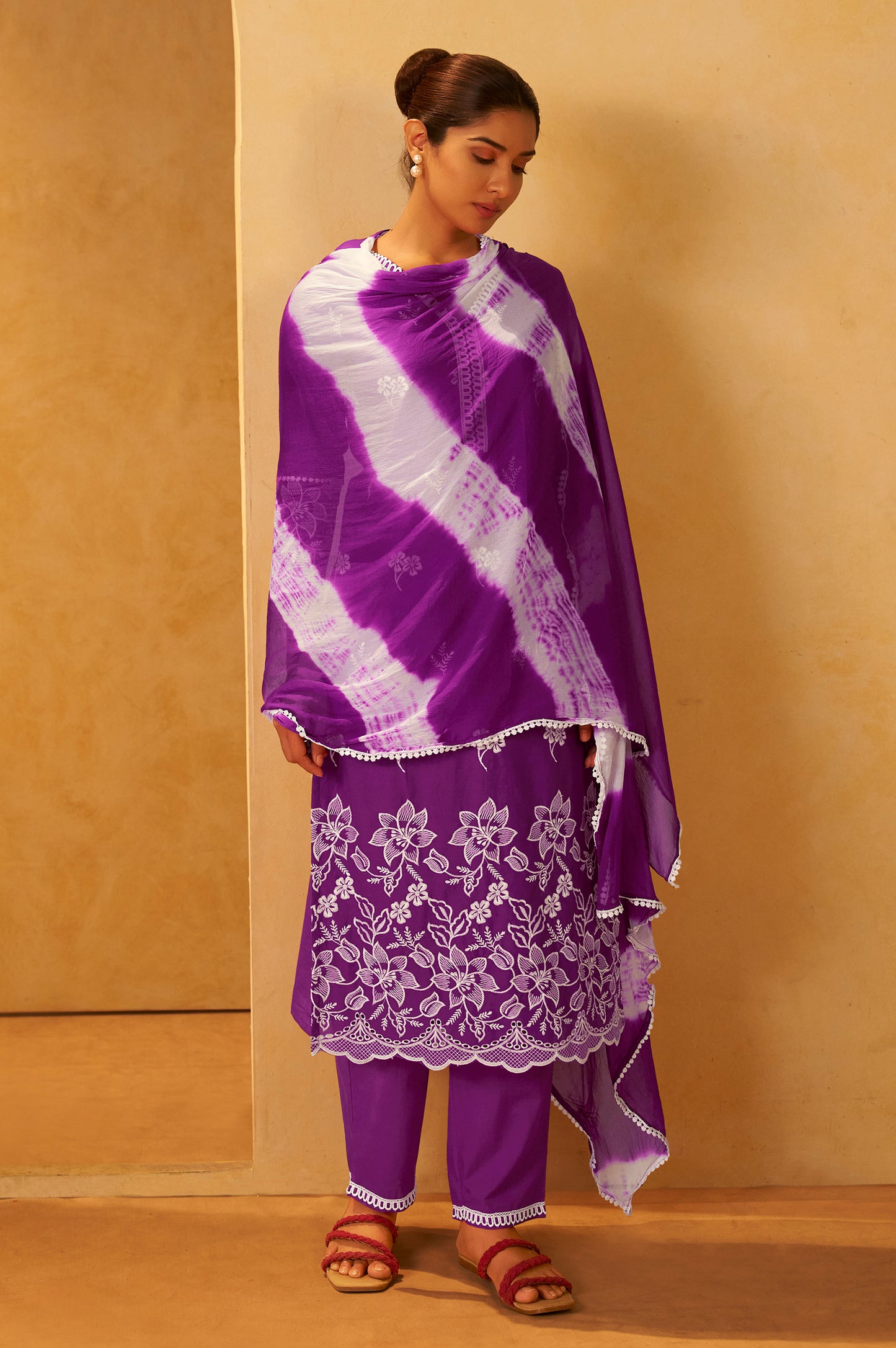 Purple Pure Cotton Schiffli Embroidered Straight Kurta Set Dupatta