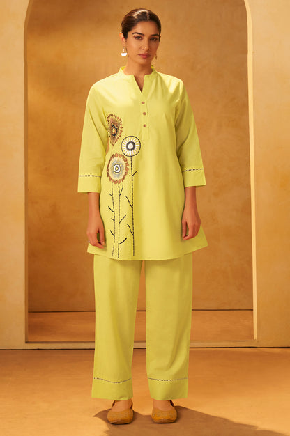 Women Yellow Pure Cotton Embroidered Straight Kurta Co-Ord Set