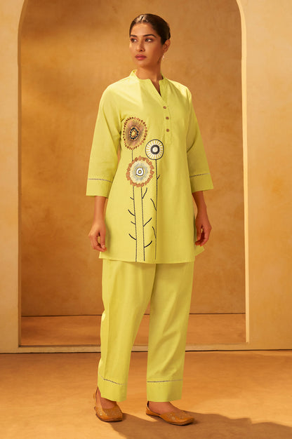 Women Yellow Pure Cotton Embroidered Straight Kurta Co-Ord Set