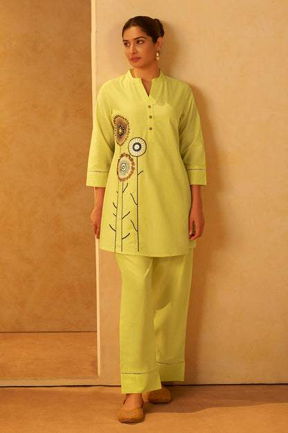 Women Yellow Pure Cotton Embroidered Straight Kurta Co-Ord Set