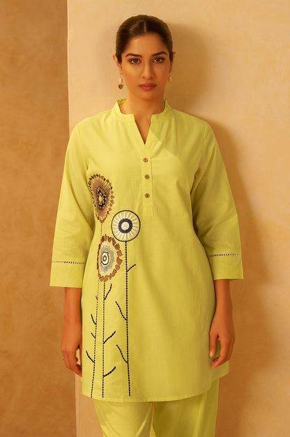 Women Yellow Pure Cotton Embroidered Straight Kurta Co-Ord Set