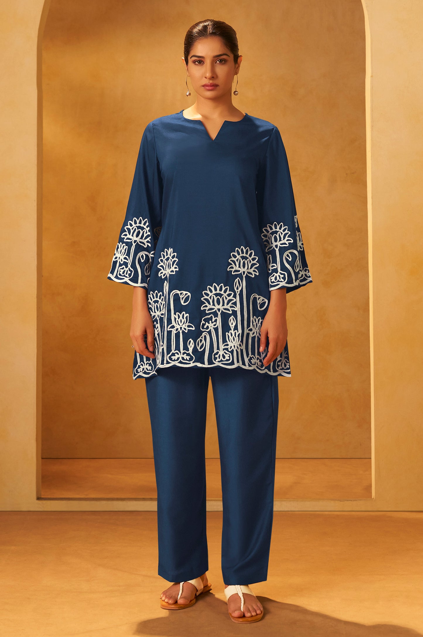 Women Navy Blue Embroidered Cotton Blend Straight Kurta Co-ord Set