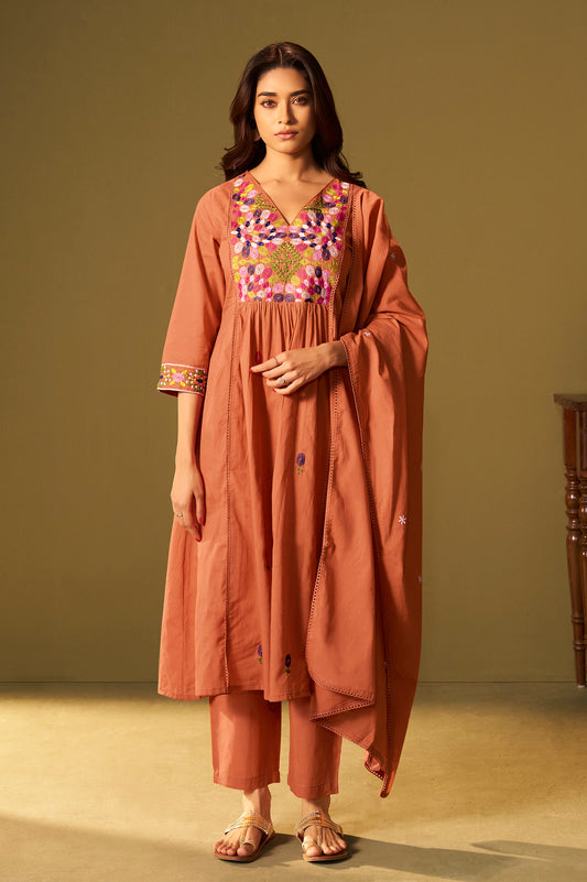 Orange Pure Cotton Embroidered Kurta Set with Dupatta