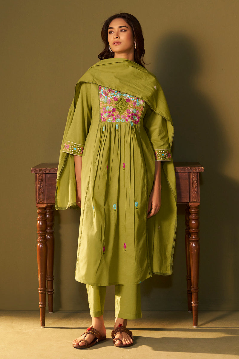 Green Pure Cotton Embroidered Kurta Set with Dupatta